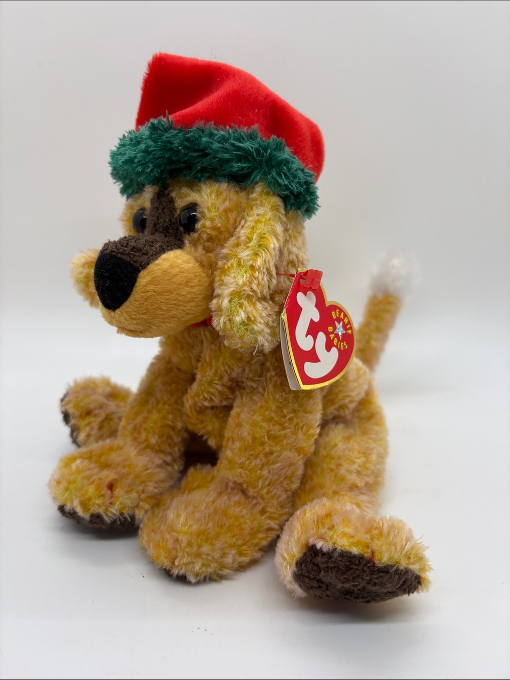 Ty Plush Dog with Red Hat and Green Christmas Trim JINGLEPUP RETIRED